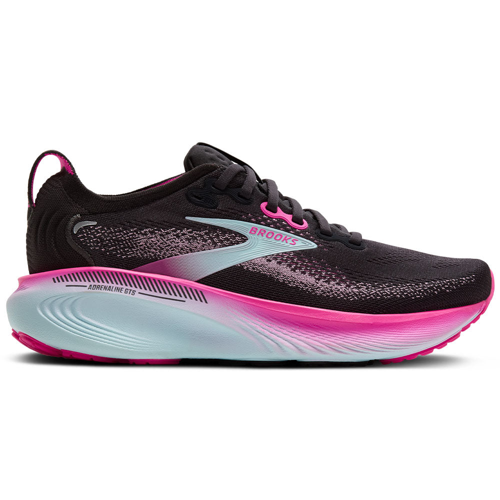 Side view on white background of Womens Brooks Adrenaline running shoe in Black/Cyber Pink/Iced Aqua, Medium (Regular) width