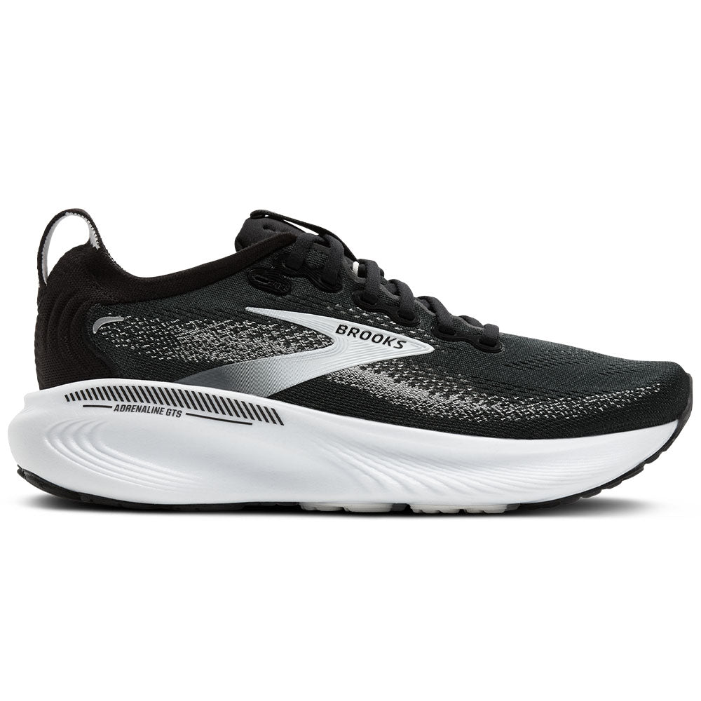 Side view on white background of Womens Brooks Adrenaline running shoe in Black/Grey/White, Medium (Regular) width