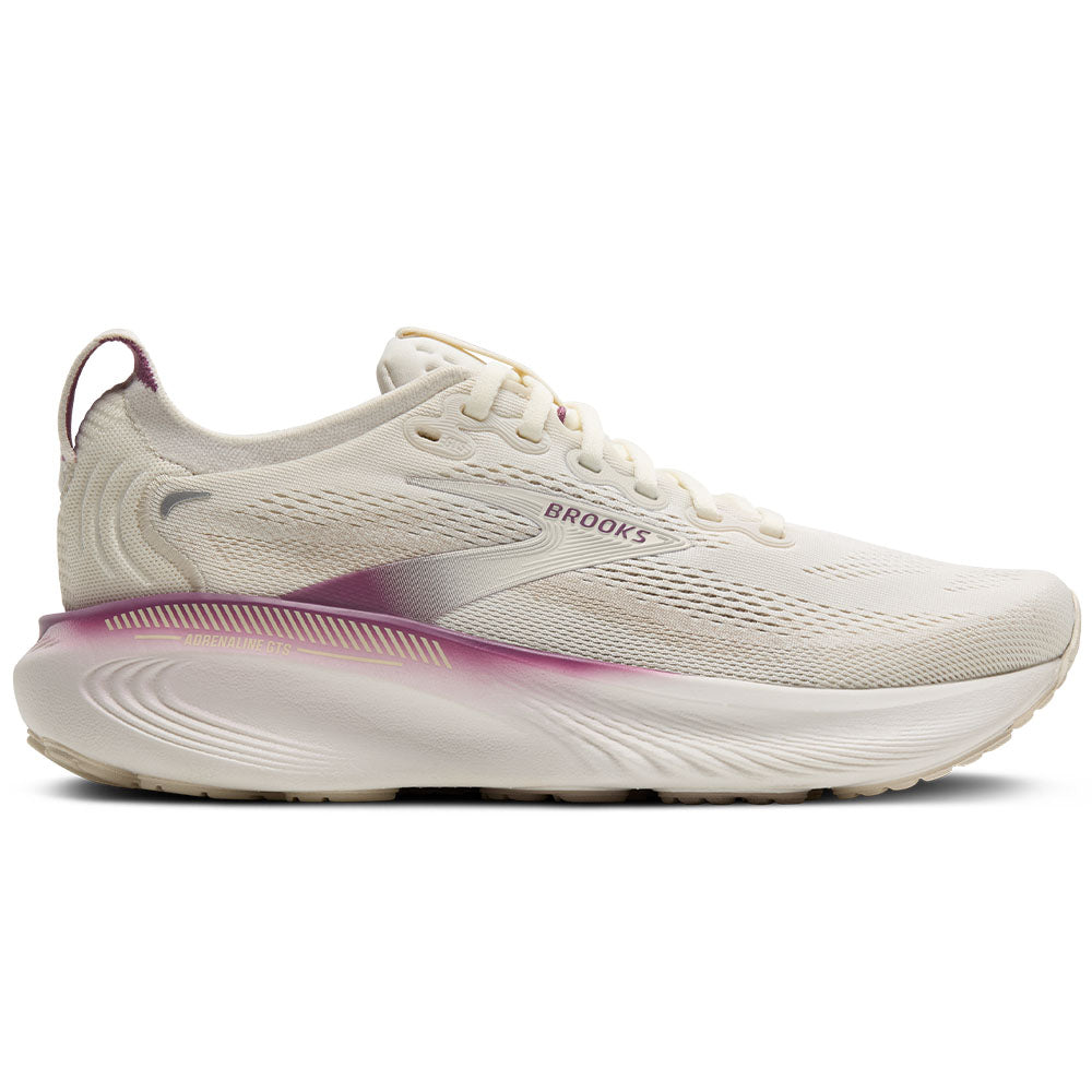 Side view on white background of Womens Brooks Adrenaline running shoe in Coconut/Argyle, Medium (Regular) width