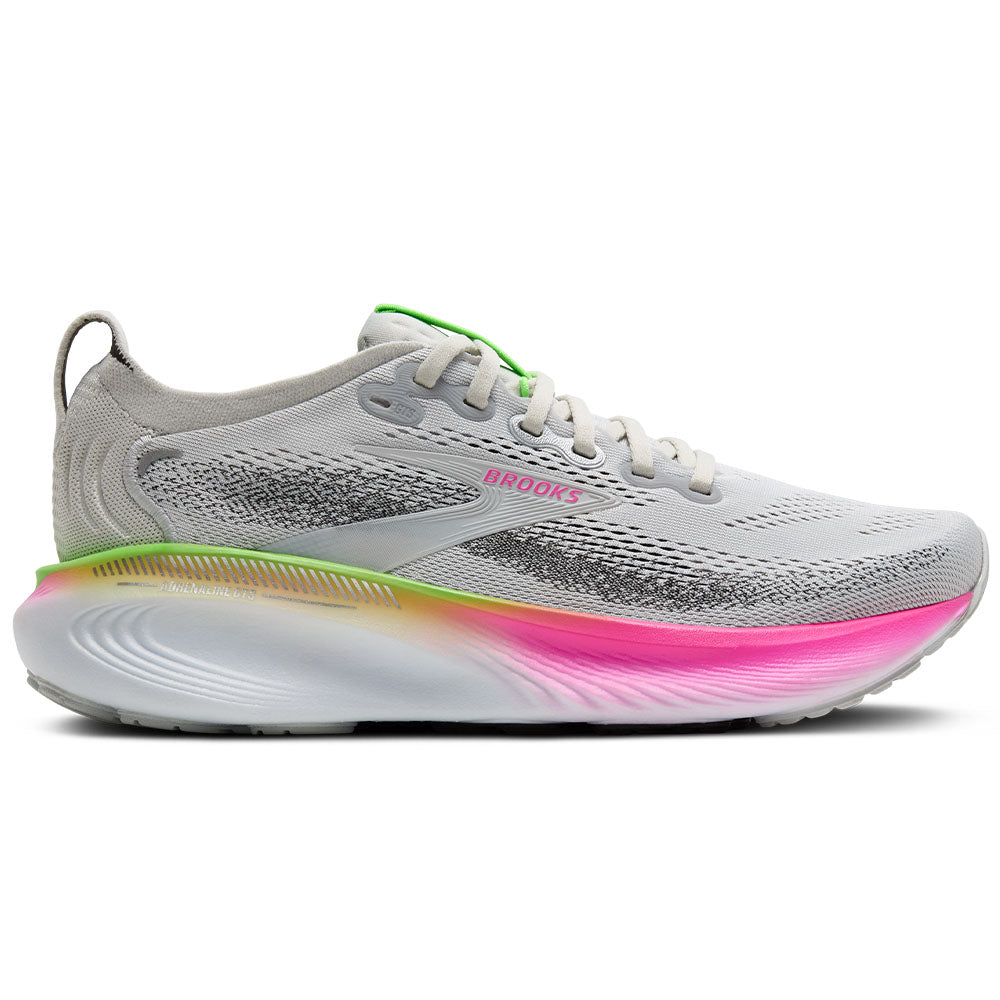 Side view on white background of Womens Brooks Adrenaline running shoe in Oyster/Pink/Green, Medium (Regular) width