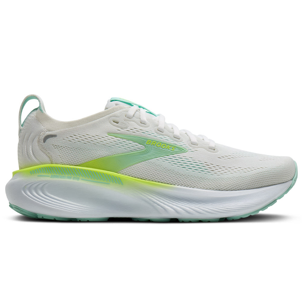 Side view on white background of Womens Brooks Adrenaline running shoe in White/Nightlife/Yucca, Medium (Regular) width