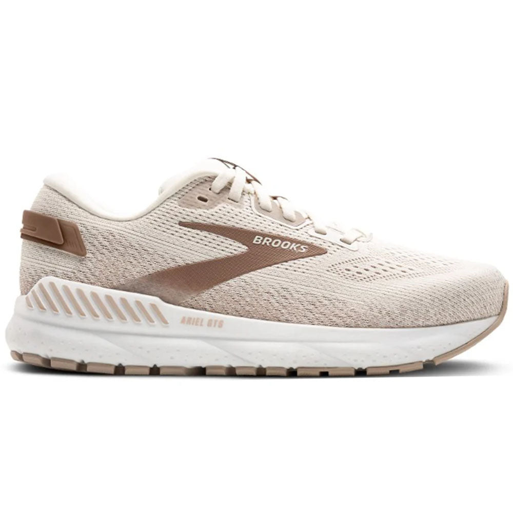 Side view on white background of Womens Brooks Ariel running shoe in Coconut/Chateau/Portabella, Wide width