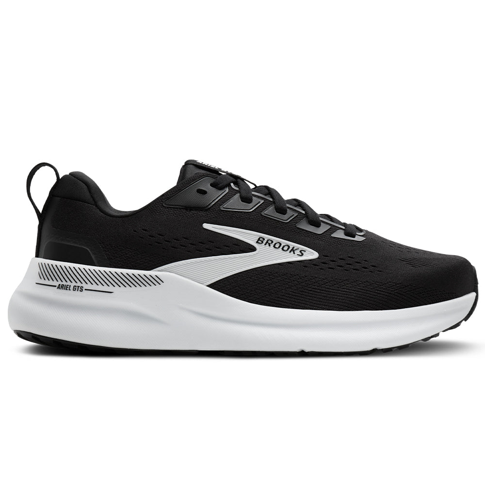 Side view on white background of Womens Brooks Ariel running shoe in Black/Grey/White, Medium (Regular) width