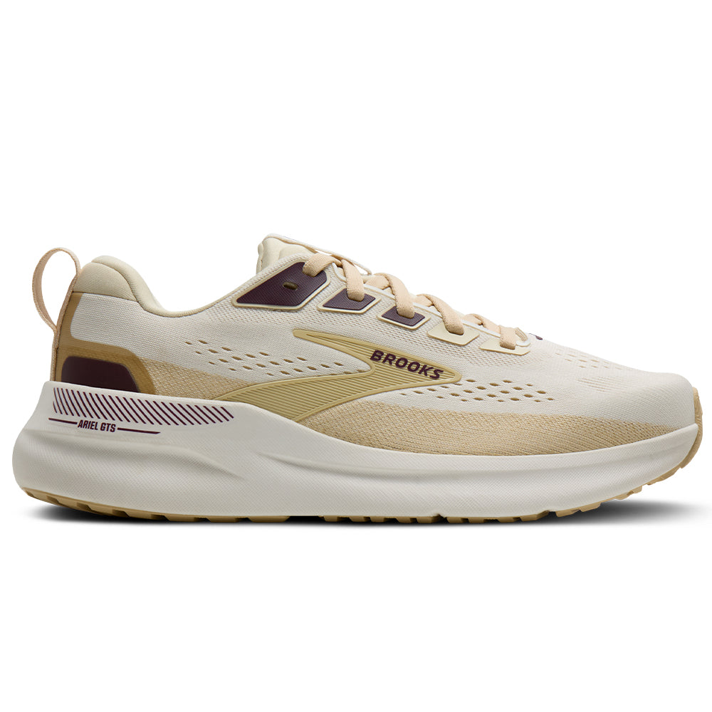 Side view on white background of Womens Brooks Ariel running shoe in Coconut/Sand/Potent Purple, Wide width