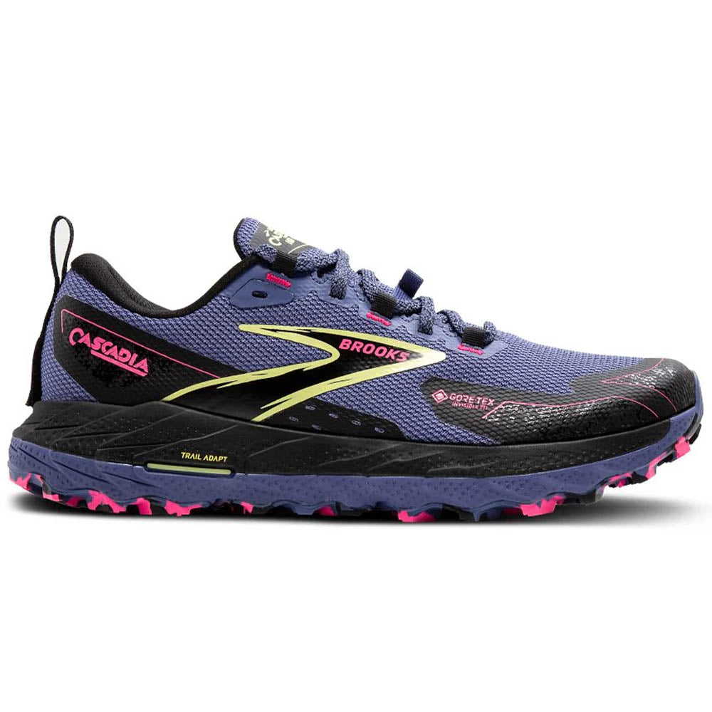 Side view on white background of Womens Brooks Cascadia running shoe in Grey Blue/Black/Pink, Medium (Regular) width