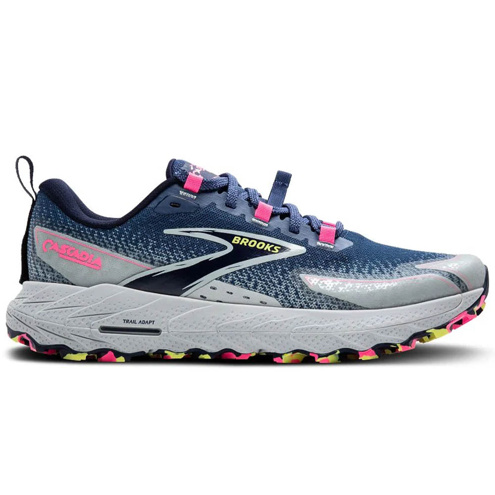 Side view on white background of Womens Brooks Cascadia running shoe in Oceana/Pearl Blue/Pink, Medium (Regular) width