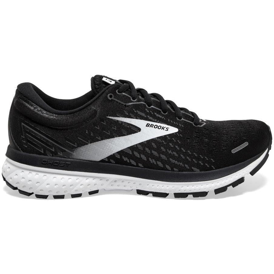 Side view on white background of Womens Brooks Ghost running shoe in Black/Blackened Pearl/White, Wide width