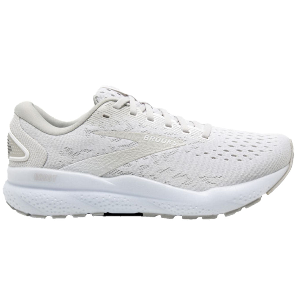 Side view on white background of Womens Brooks Ghost running shoe in White/White/Grey, Medium (Regular) width