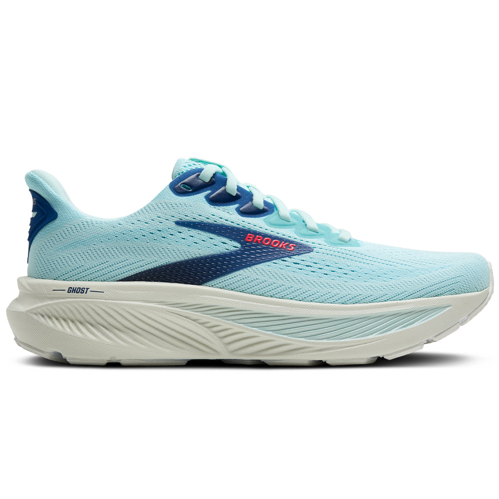 Side view on white background of Womens Brooks Ghost running shoe in Clearwater/Navy Peony, Medium (Regular) width