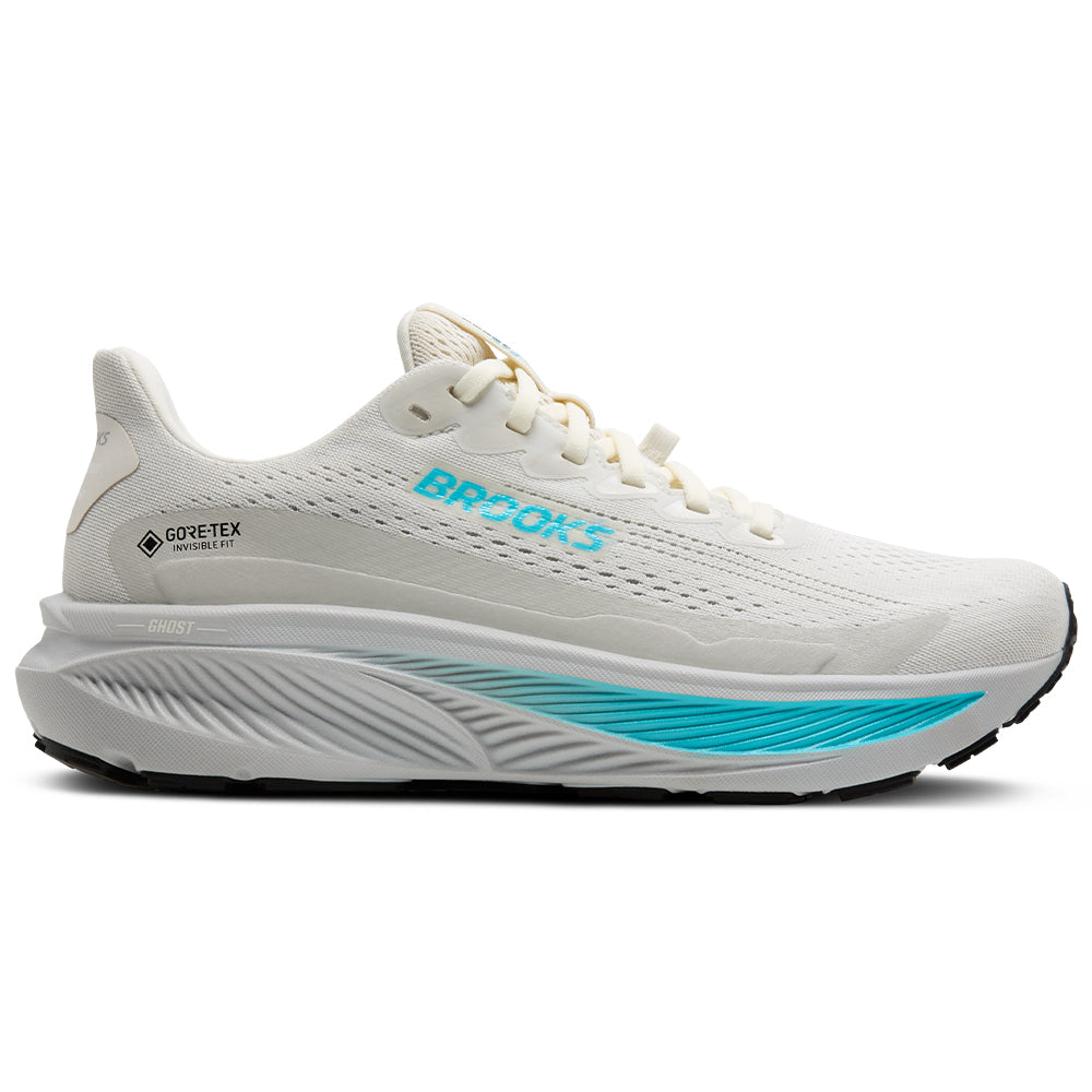 Side view on white background of Womens Brooks Ghost running shoe in Coconut/Oyster/Blue, Medium (Regular) width