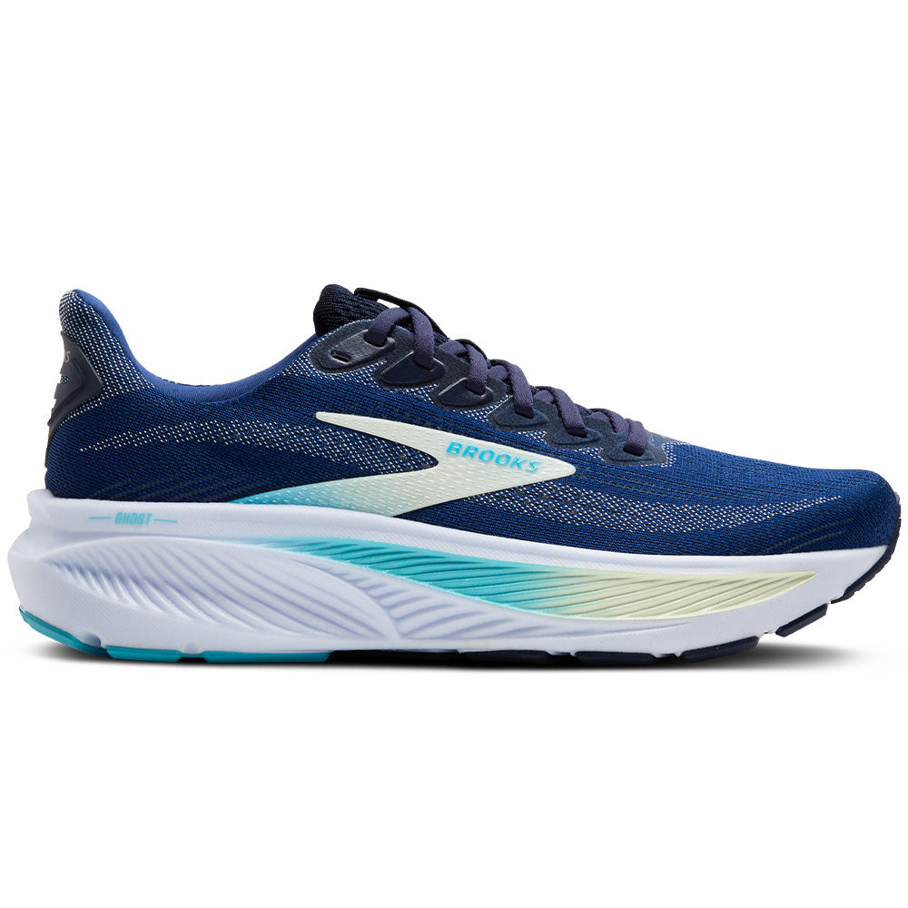 Side view on white background of Womens Brooks Ghost running shoe in Navy/Green/Turquoise, Medium (Regular) width