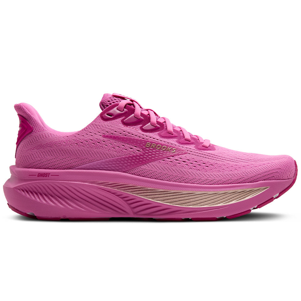 Side view on white background of Womens Brooks Ghost running shoe in Pink/Fuchsia/Gold, Medium (Regular) width
