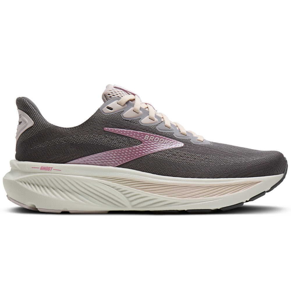 Side view on white background of Womens Brooks Ghost running shoe in Poppy Seed/Pink/Bluewash, Medium (Regular) width