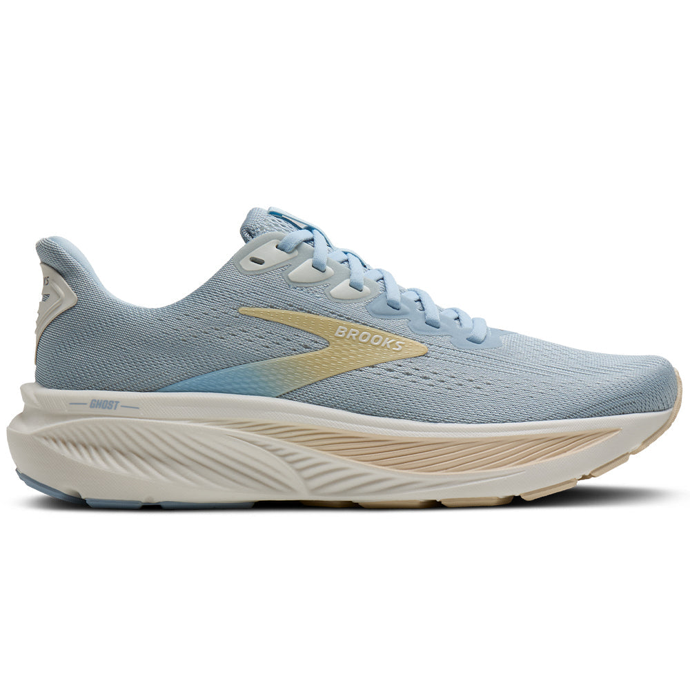 Side view on white background of Womens Brooks Ghost running shoe in Skyway/Coconut/Sand, Medium (Regular) width
