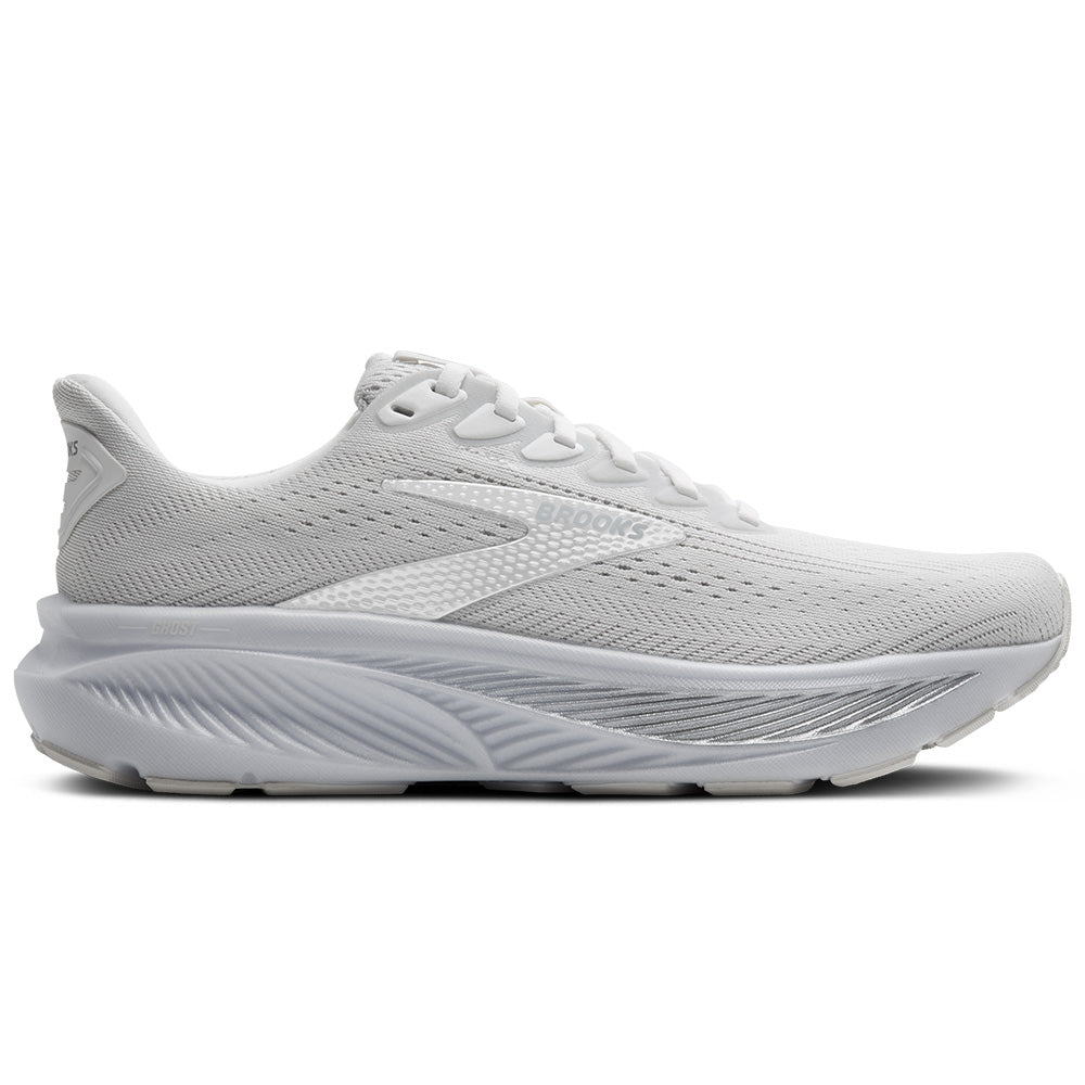 Side view on white background of Womens Brooks Ghost running shoe in White/White/Grey, Wide width