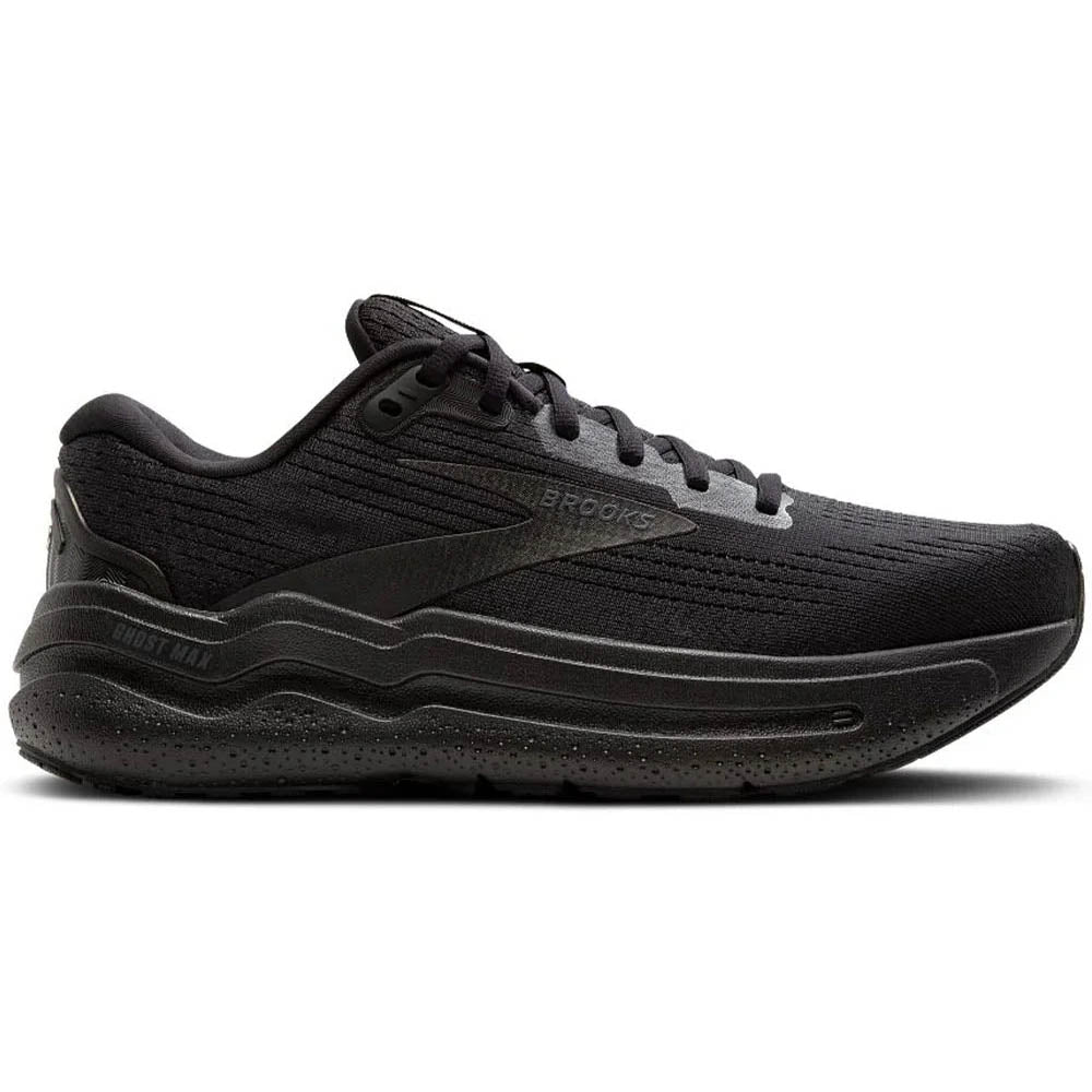 Side view on white background of Womens Brooks Ghost running shoe in Black/Black/Ebony, Wide width