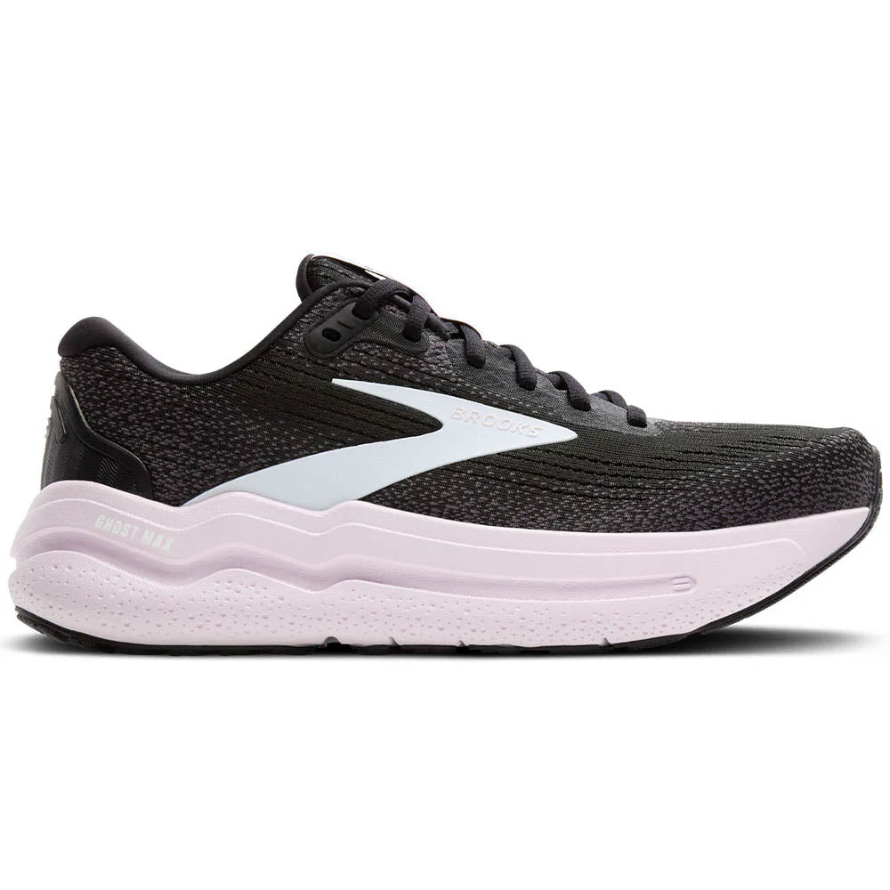 Side view on white background of Womens Brooks Ghost running shoe in Black/White/Orchid Ice, Medium (Regular) width
