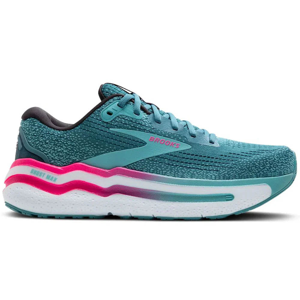 Side view on white background of Womens Brooks Ghost running shoe in Storm Blue/Knockout Pink/Aqua, Medium (Regular) width