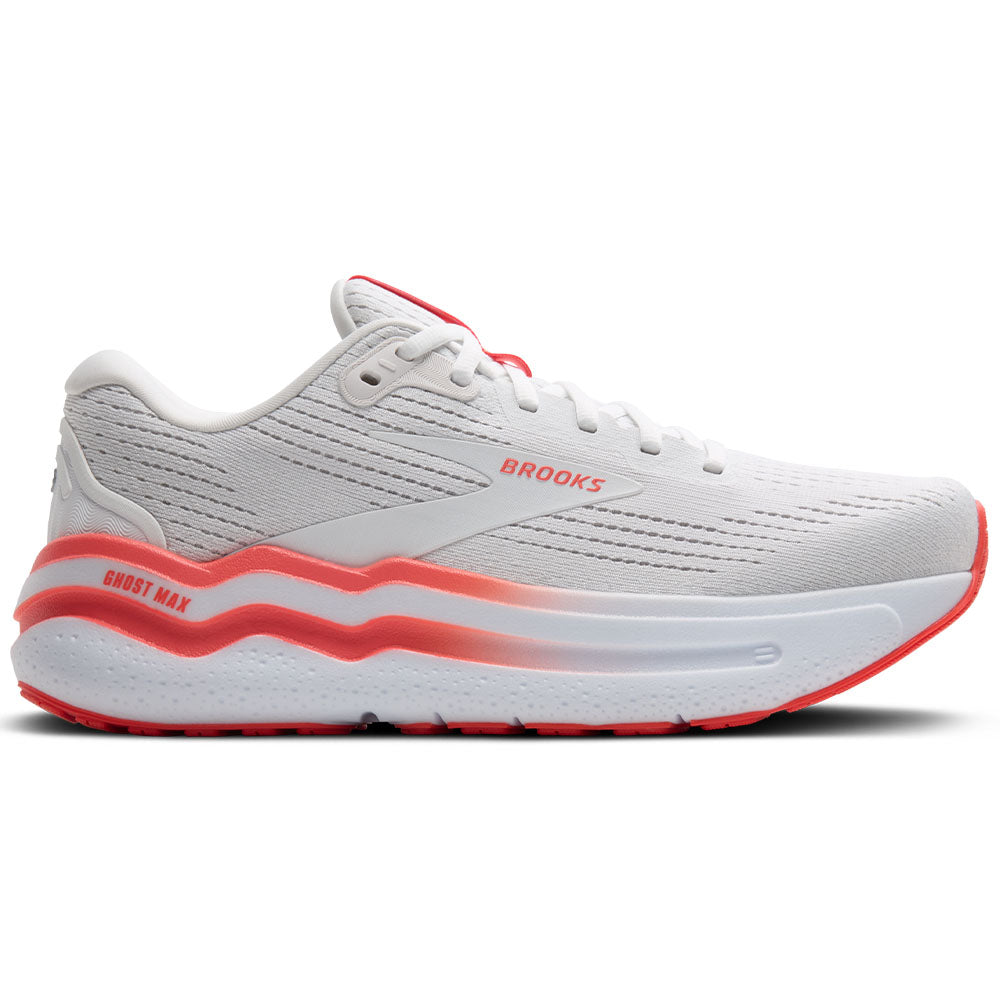 Side view on white background of Womens Brooks Ghost running shoe in White/Hot Coral, Medium (Regular) width