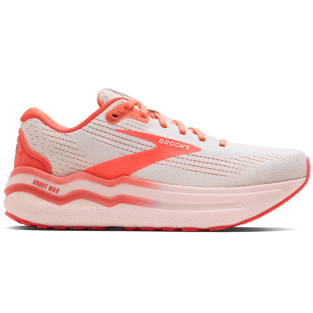 Side view on white background of Womens Brooks Ghost running shoe in White/Peach/Coral, Medium (Regular) width