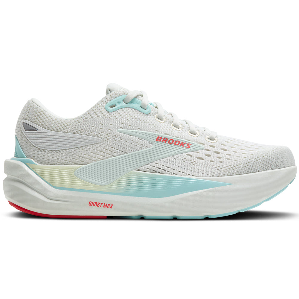 Side view on white background of Womens Brooks Ghost running shoe in Blue/Sylvan Green/Clearwater, Medium (Regular) width