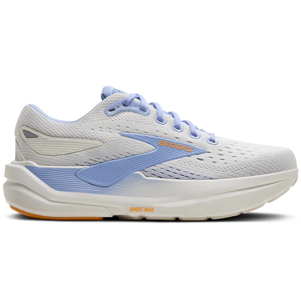 Side view on white background of Womens Brooks Ghost running shoe in Coconut/Blue Heron/Orange, Medium (Regular) width