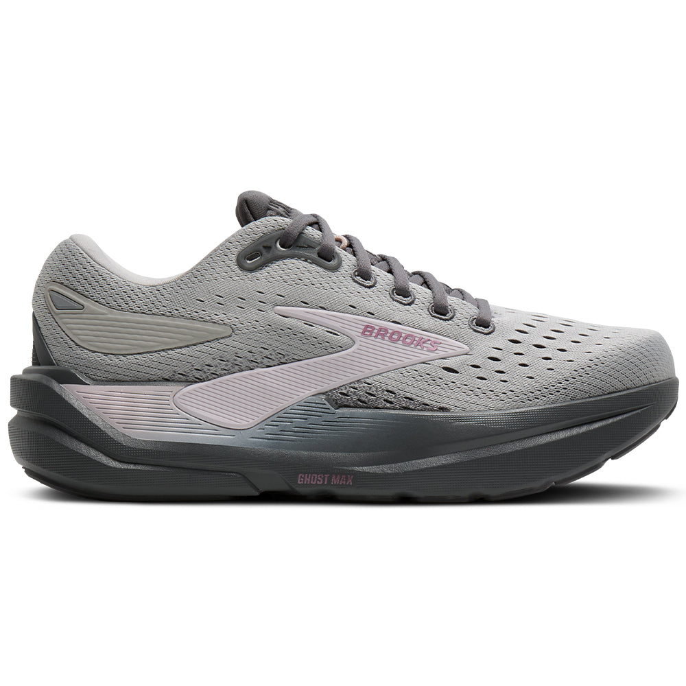 Side view on white background of Womens Brooks Ghost running shoe in Harbor Mist/Poppy Seed/Pink, Medium (Regular) width