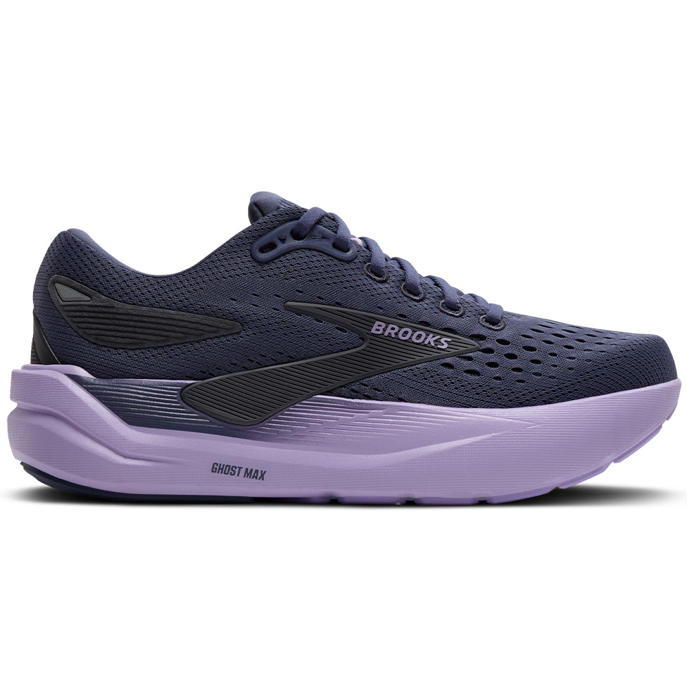 Side view on white background of Womens Brooks Ghost running shoe in Nighshadow/Ebony/Purple, Medium (Regular) width