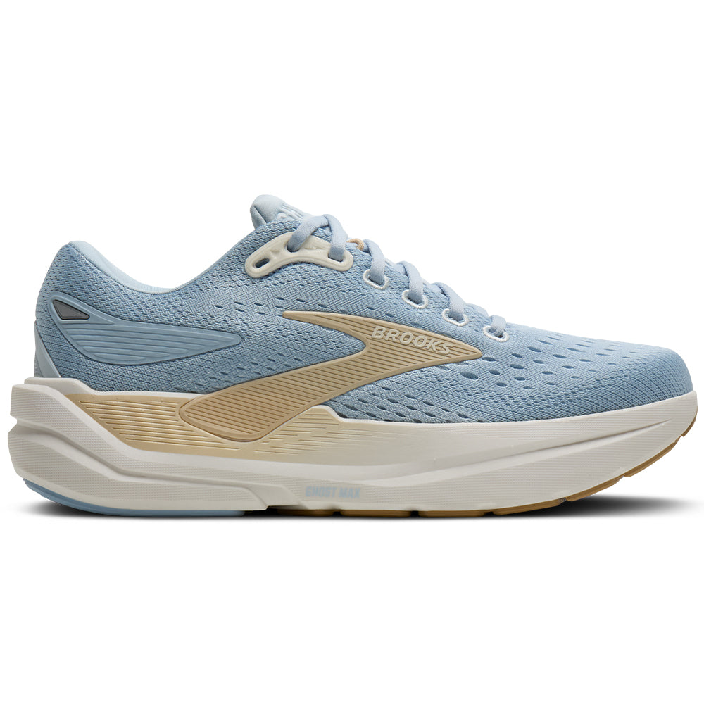 Side view on white background of Womens Brooks Ghost running shoe in Skyway/Coconut/Sand, Medium (Regular) width