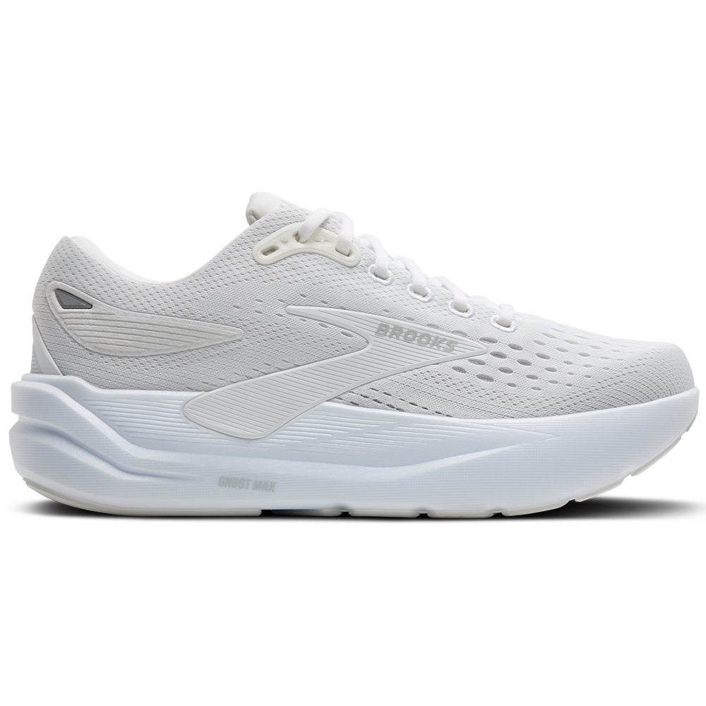 Side view on white background of Womens Brooks Ghost running shoe in White/White, Wide width