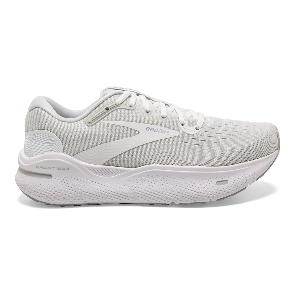 Women's Brooks Ghost Max, White/Oyster/Metallic Silver, 6 B Medium
