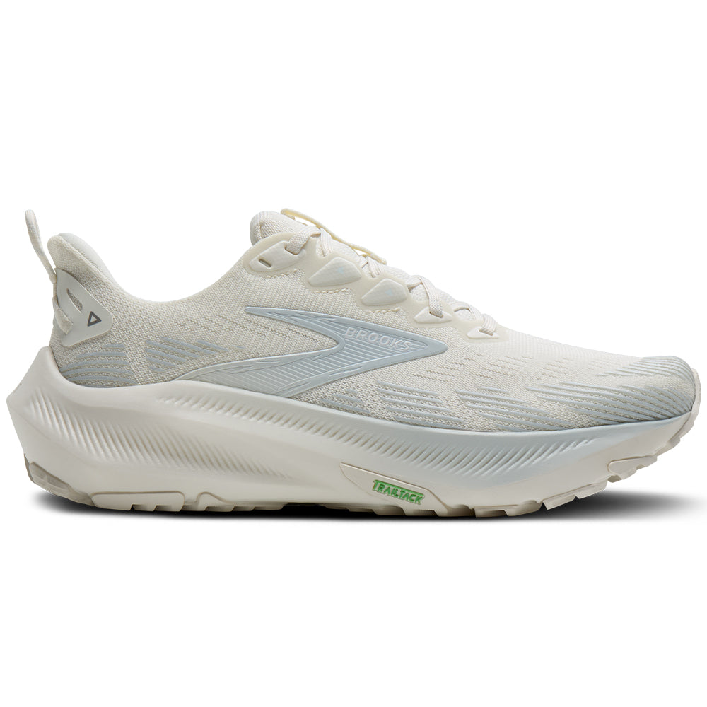 Side view on white background of Womens Brooks Ghost running shoe in Coconut/Chateau/Rose, Medium (Regular) width