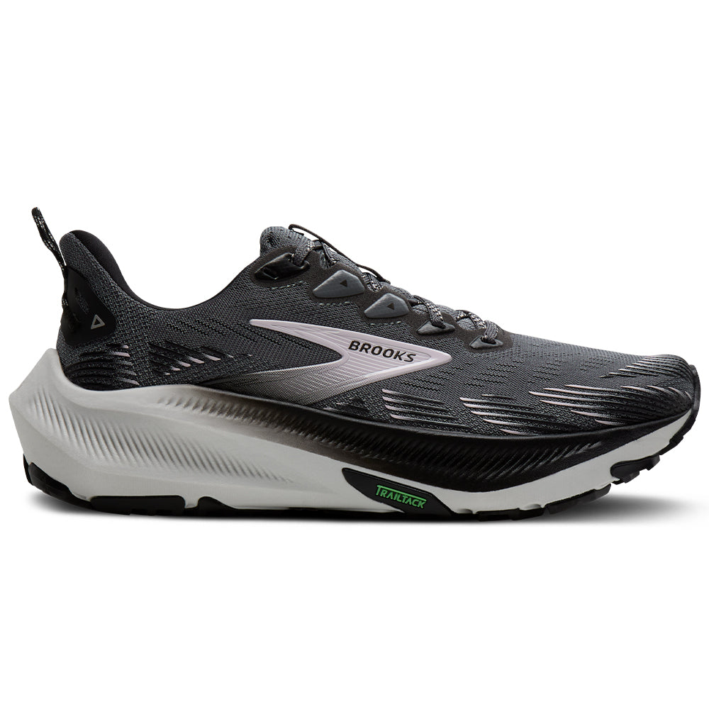Side view on white background of Womens Brooks Ghost running shoe in Poppy Seed/Black/Pink, Medium (Regular) width