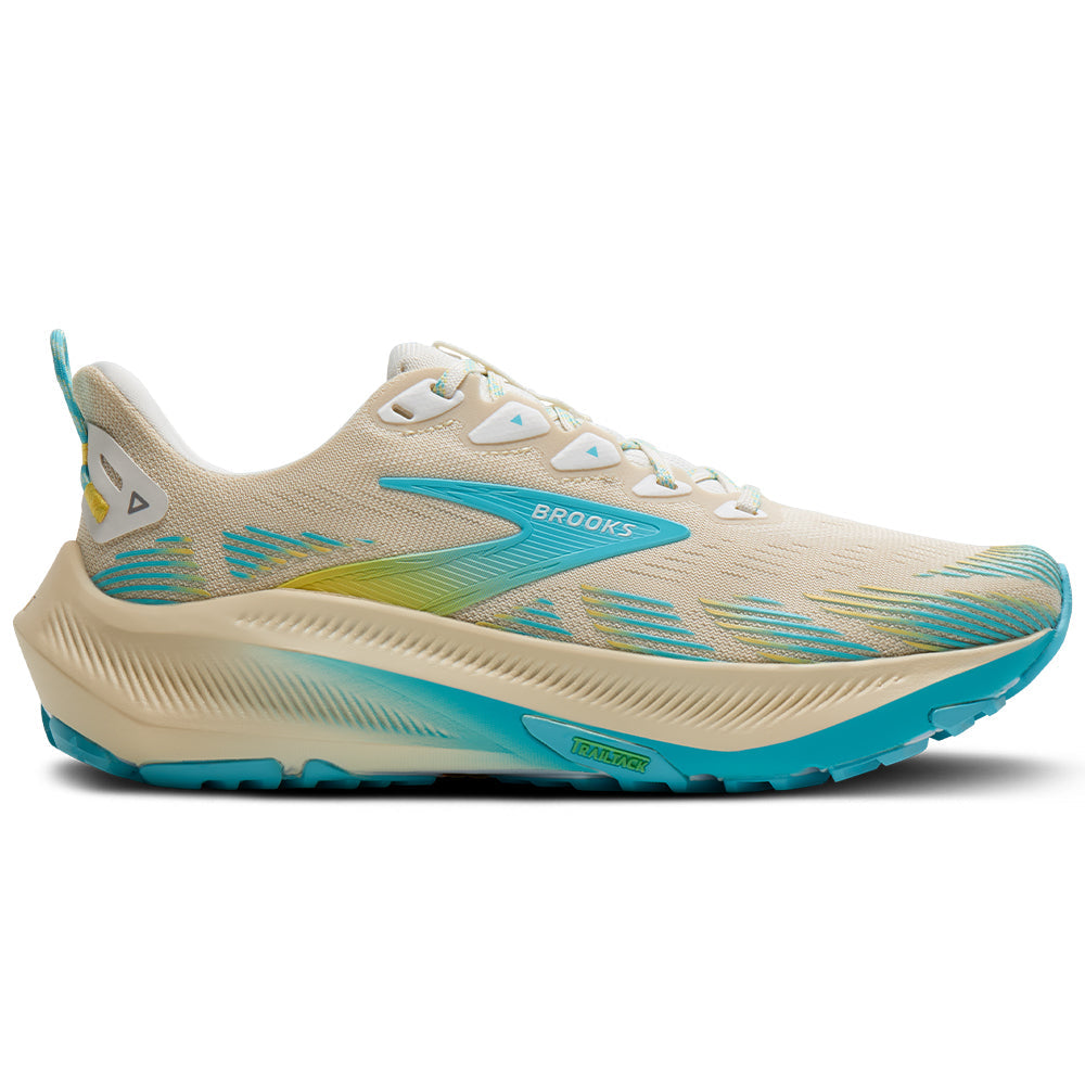 Side view on white background of Womens Brooks Ghost running shoe in Sand/Star White/Golden Hour, Medium (Regular) width