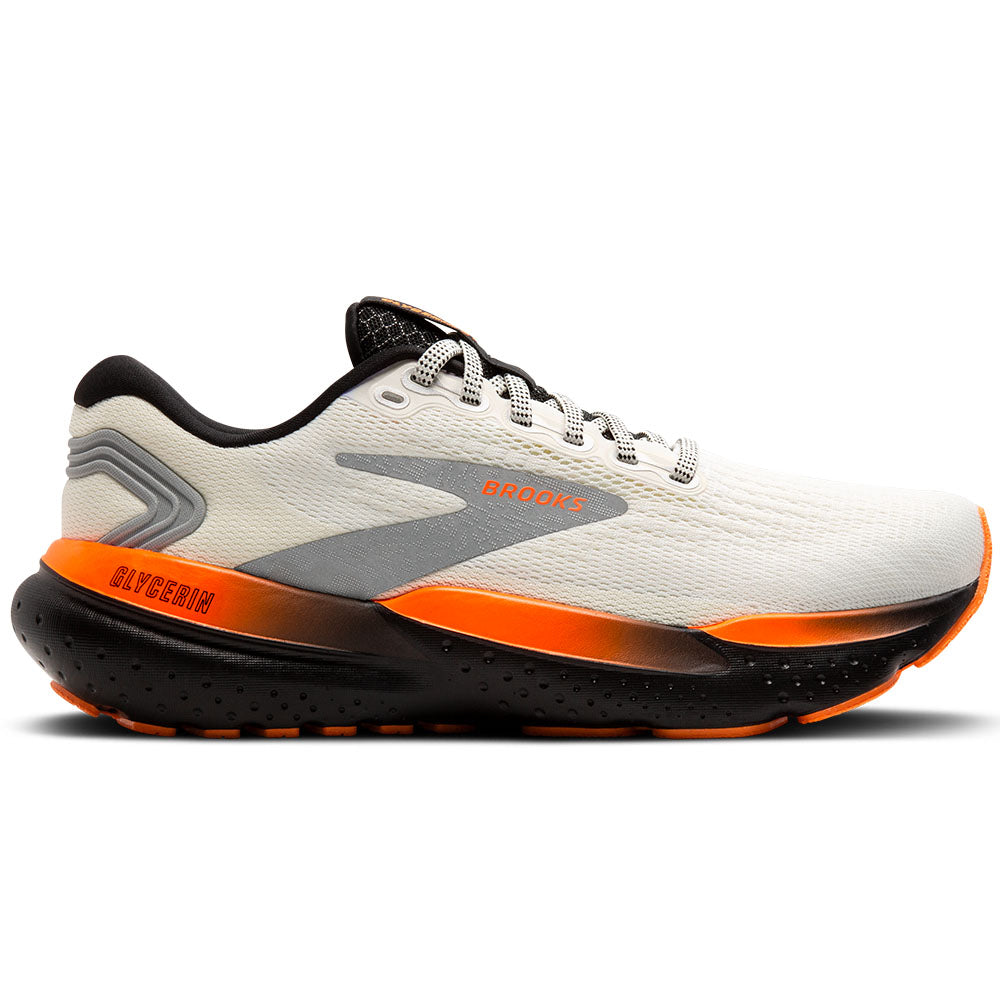 Side view on white background of Womens Brooks Glycerin running shoe in Ecru/Orange/Black, Medium (Regular) width