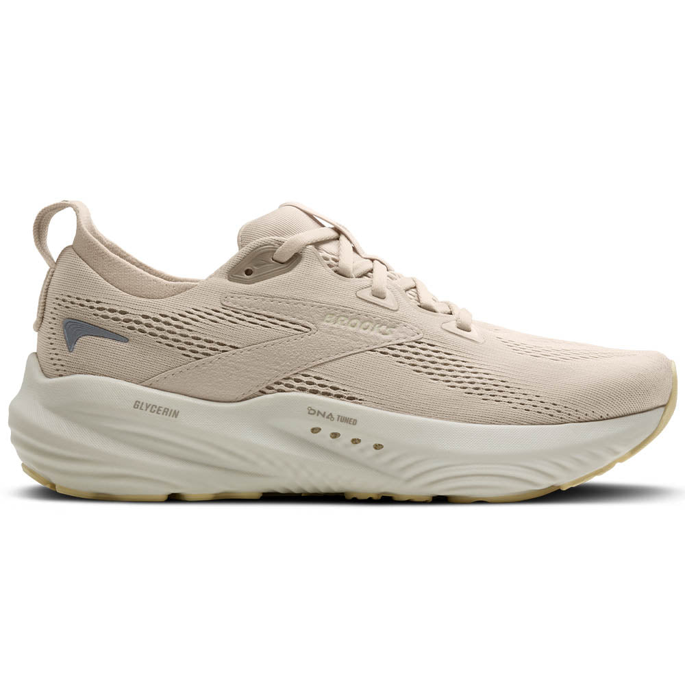 Side view on white background of Womens Brooks Glycerin running shoe in Almond Peach/London Fog/Almond, Medium (Regular) width