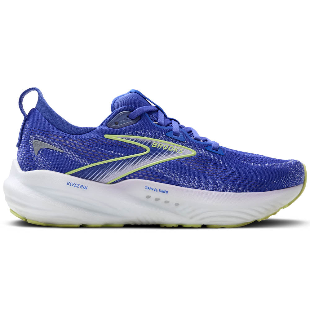 Side view on white background of Womens Brooks Glycerin running shoe in Amparo Blue/Hyper Iris/Yellow, Medium (Regular) width