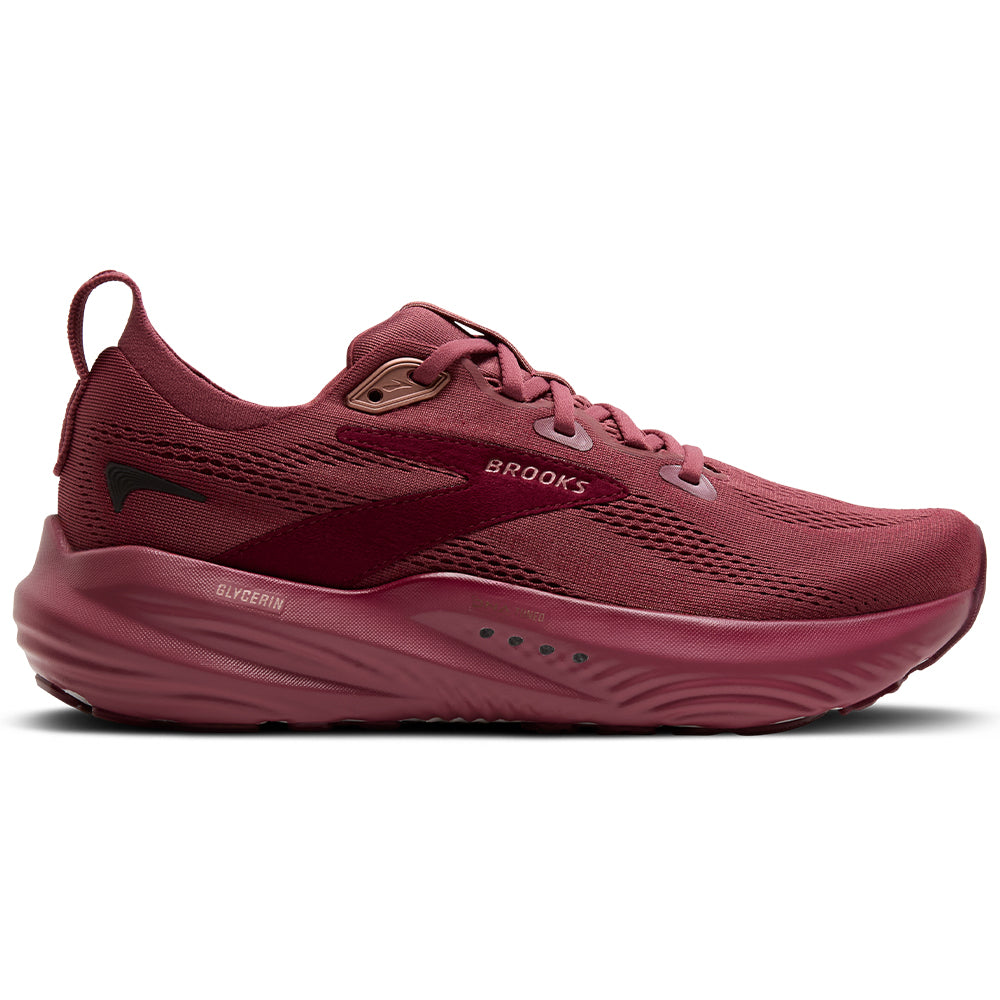 Side view on white background of Womens Brooks Glycerin 22 running shoe in Berry/Burgundy/Rose, Medium (Regular) width