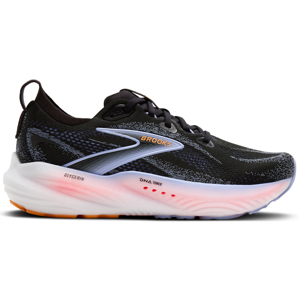 Side view on white background of Womens Brooks Glycerin running shoe in Black/Blue Heron/Orange, Medium (Regular) width