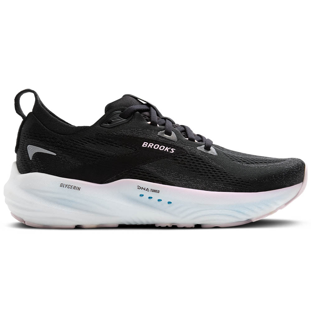 Side view on white background of Womens Brooks Glycerin running shoe in Black/Orchid Ice/White, Medium (Regular) width