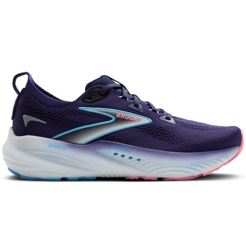 Side view on white background of Womens Brooks Glycerin running shoe in Blue Ribbon/Peacoat/Dianthus, Extra Wide width