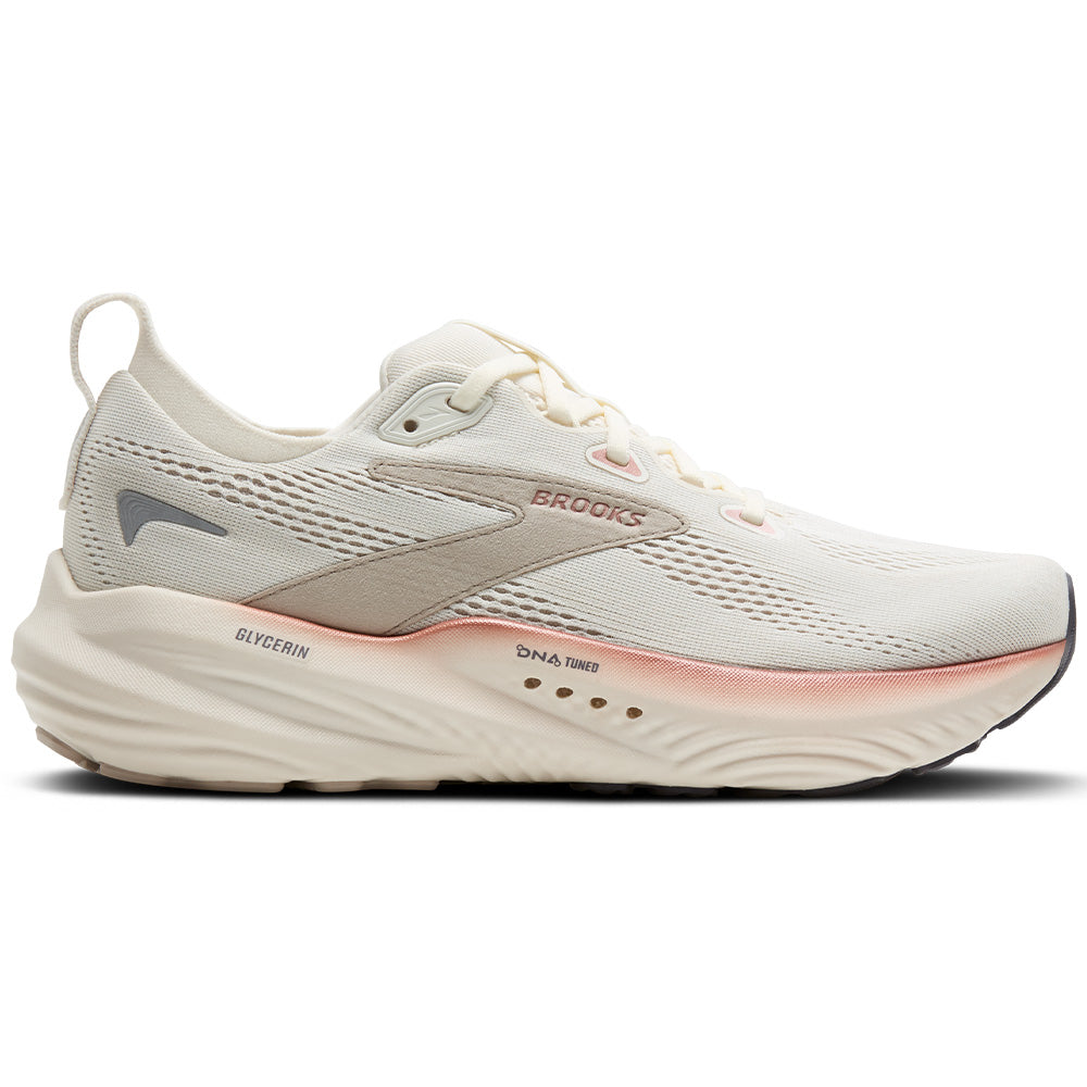 Side view on white background of Womens Brooks Glycerin running shoe in Coconut/Chateau/Rose, Medium (Regular) width