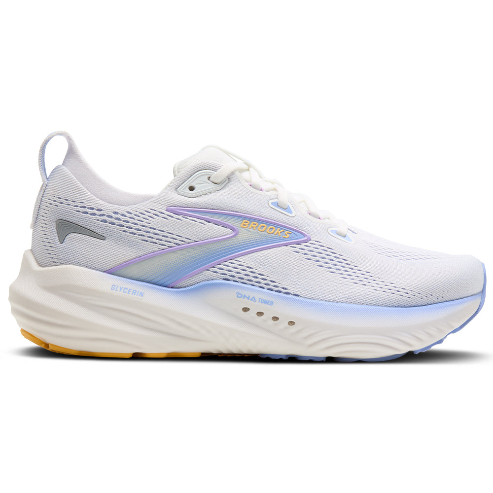 Side view on white background of Womens Brooks Glycerin running shoe in White/Blue Heron/Apricot, Medium (Regular) width