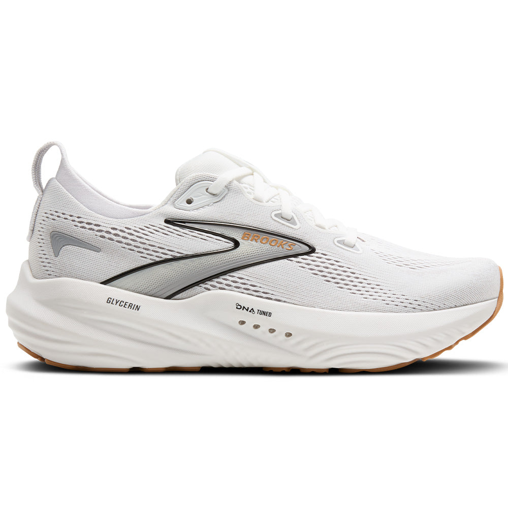 Side view on white background of Womens Brooks Glycerin 22 running shoe in White/Grey/Black, Wide width