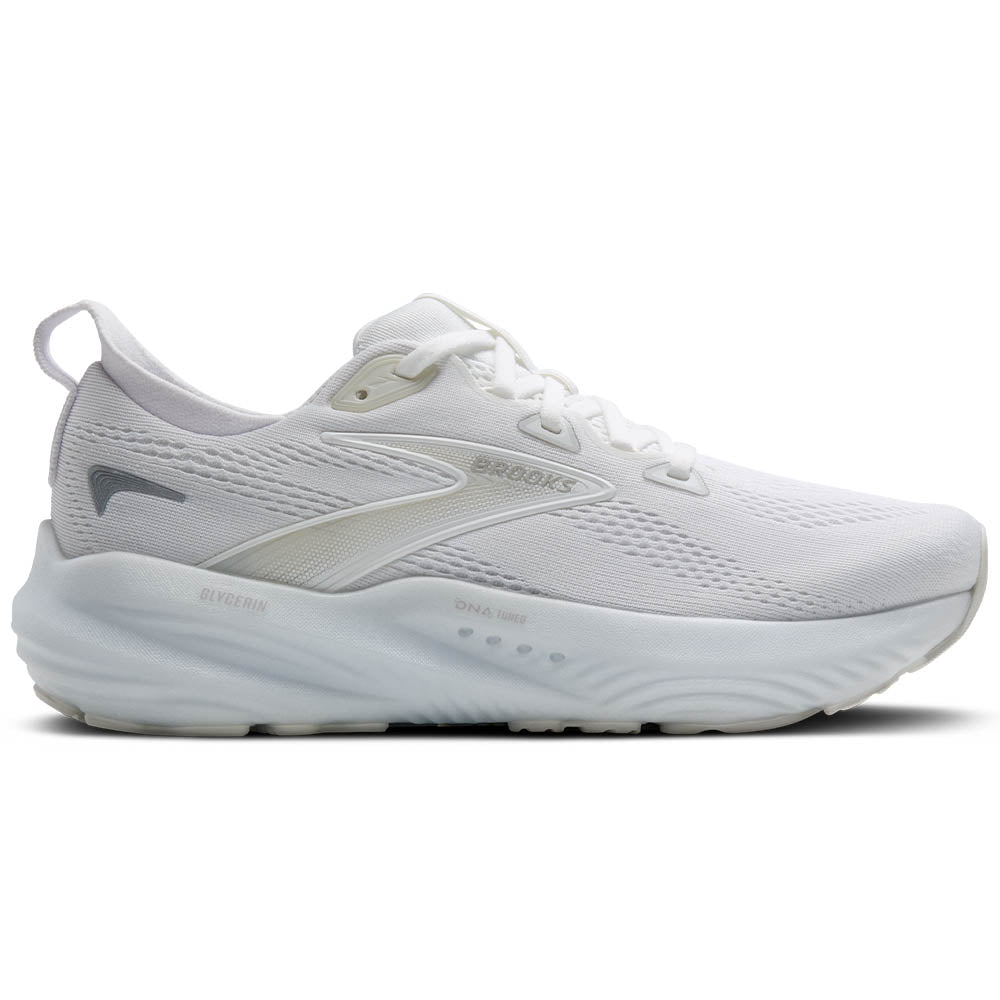 Side view on white background of Womens Brooks Glycerin running shoe in White/White/Grey, Wide width
