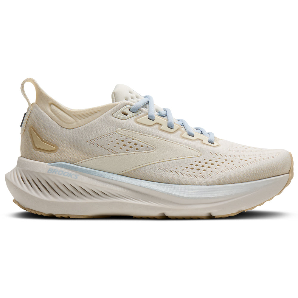 Side view on white background of Womens Brooks Glycerin running shoe in Coconut/Sand/Skyway, Medium (Regular) width