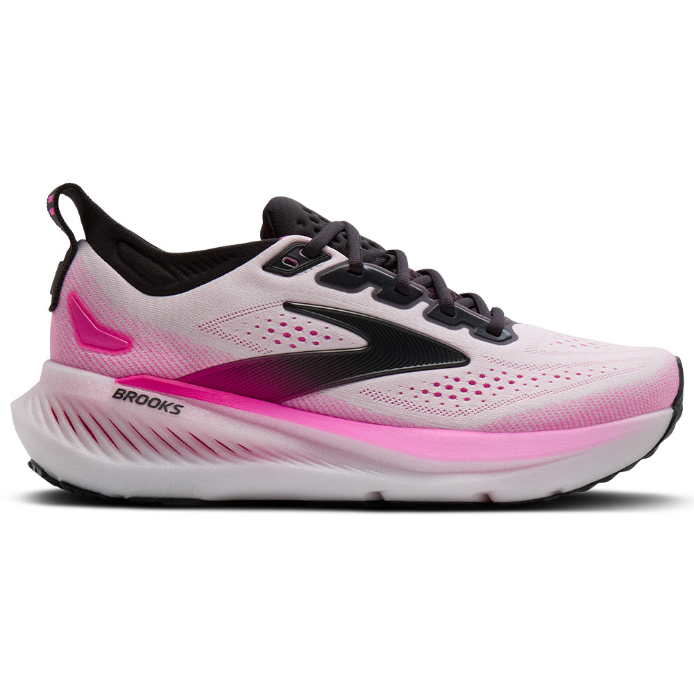 Side view on white background of Womens Brooks Glycerin 23 running shoe in White/Phantom/Cyber Pink, Medium (Regular) width