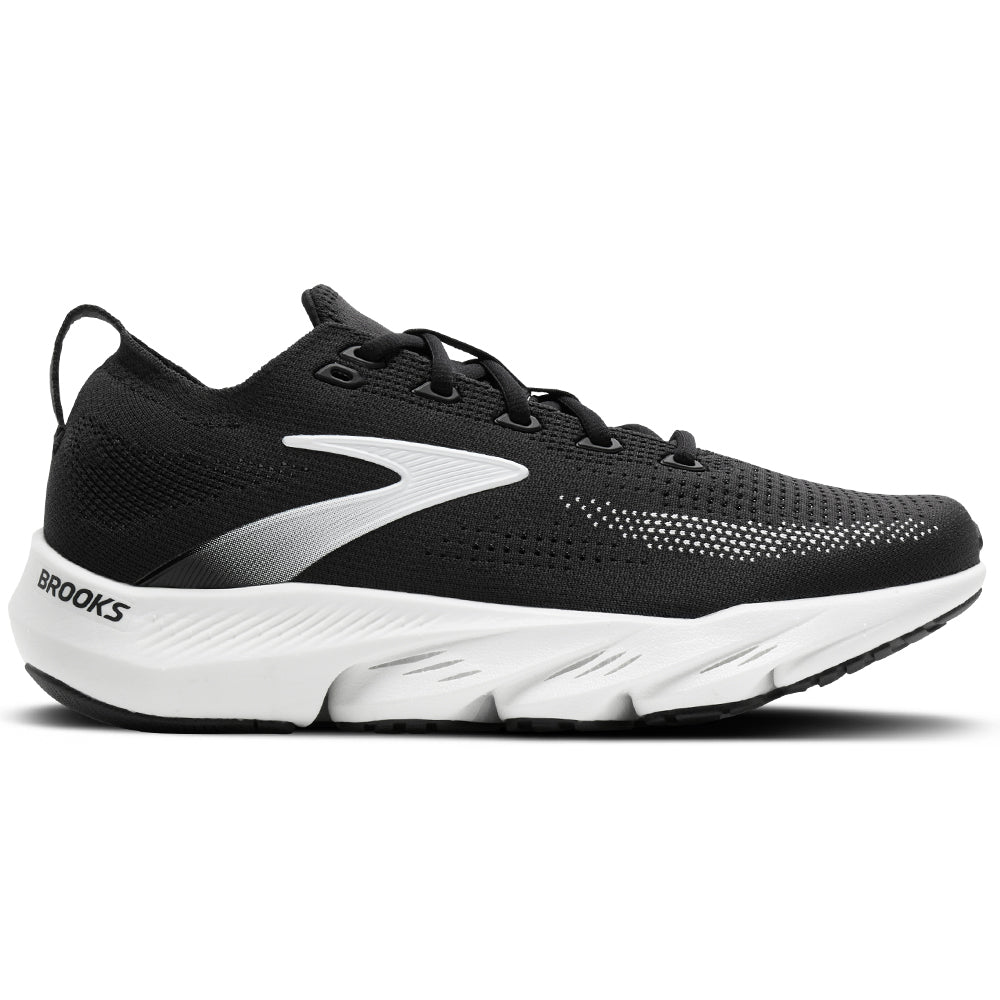 Side view on white background of Womens Brooks Glycerin running shoe in Black/White, Medium (Regular) width