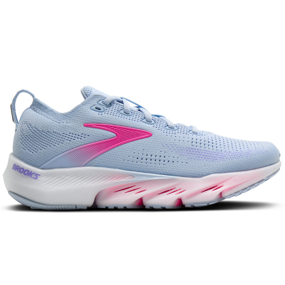 Side view on white background of Womens Brooks Glycerin running shoe in Skyway/Cyber Pink/Blazing Bell, Medium (Regular) width