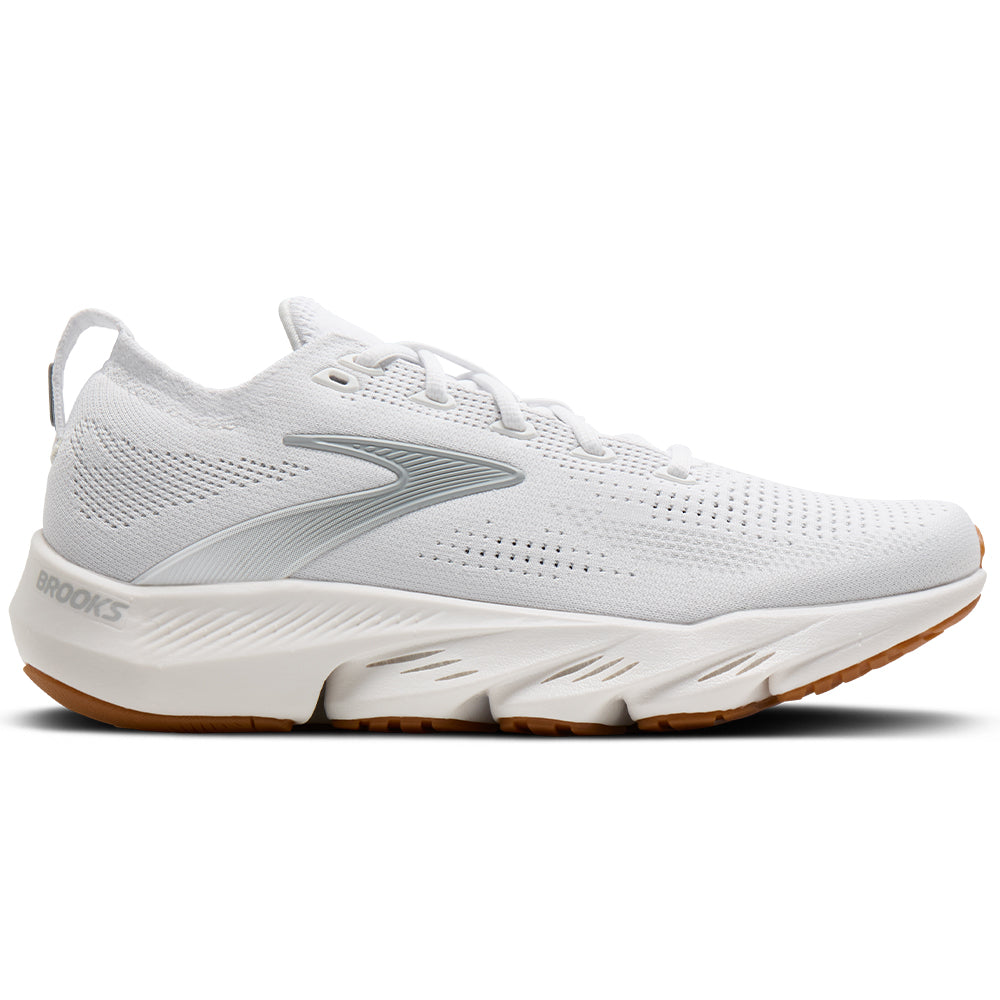 Side view on white background of Womens Brooks Glycerin running shoe in White/Black/Gum, Medium (Regular) width
